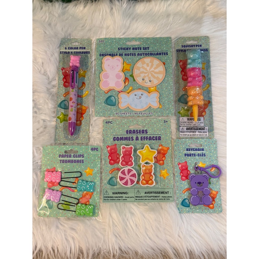 Gummy Bear Stationery Set 6pc Shuttle Pen Sticky Notes Erasers Keychain Clips